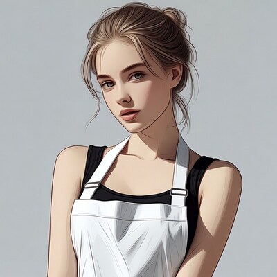 Woman in white apron black top