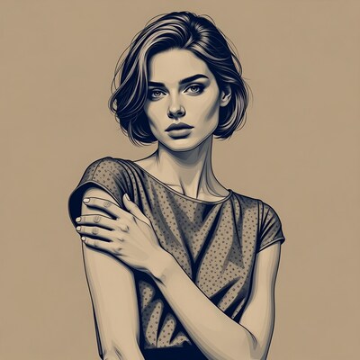 Woman with bob haircut touching shoulder