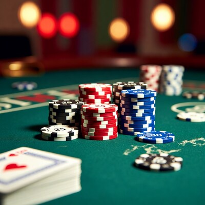 Poker chips stacks on green table