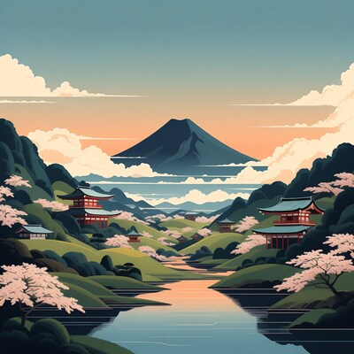 Mount Fuji with Temples and Cherry Blossoms