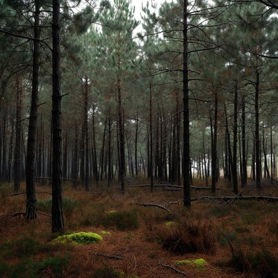 Misty Pine Forest with Mossy Ground