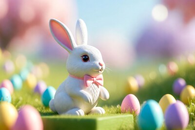 White bunny with bowtie and Easter eggs