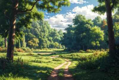 Dirt path through sunny forest meadow