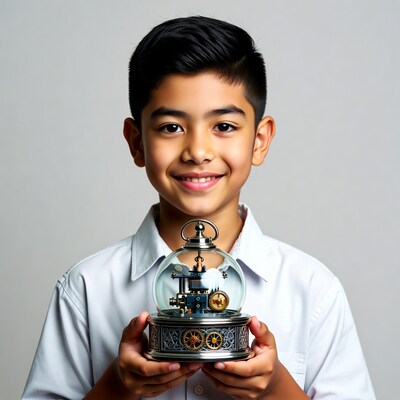 Asian boy holding steampunk music box globe