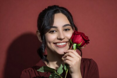 Smiling woman holding red rose