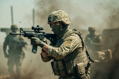 Soldier aiming M4 rifle in combat