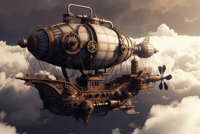 Steampunk Airship Flying in Clouds