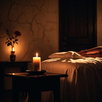 Hands on massage table with candle
