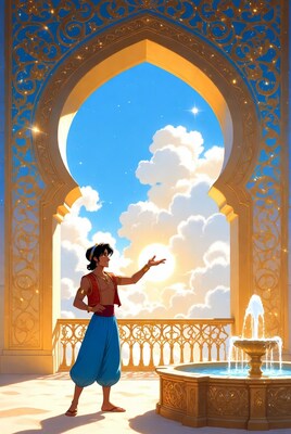 Aladdin standing by fountain archway