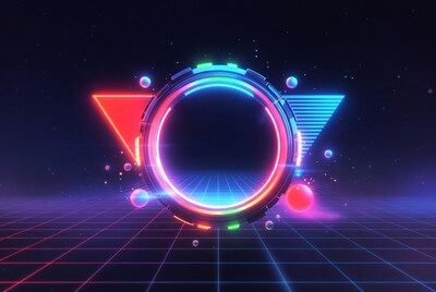 Neon Glowing Ring on Grid Background
