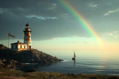 Lighthouse with Rainbow and Sailboat