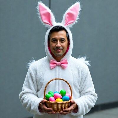 Man in bunny costume holding Easter eggs