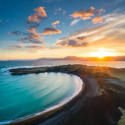 Black Sand Beach Sunset Aerial View