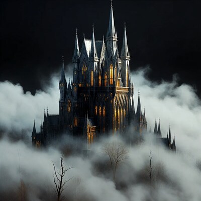 Gothic Castle in Foggy Clouds