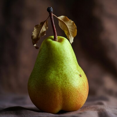 Green pear with stem and leaves