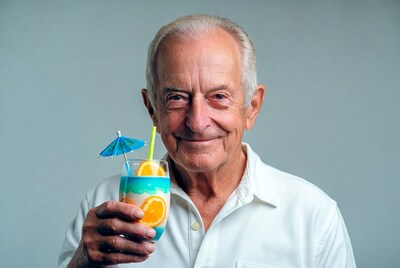 Elderly man holding tropical drink