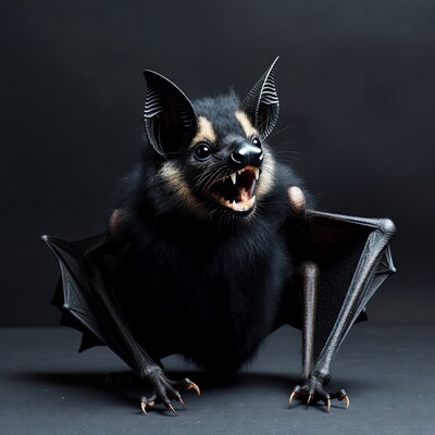 Black bat snarling with fangs bared