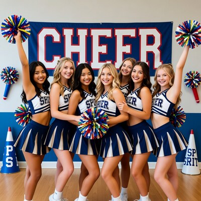 Cheerleader girls posing with pom poms