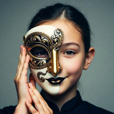 Girl holding ornate gold Venetian mask