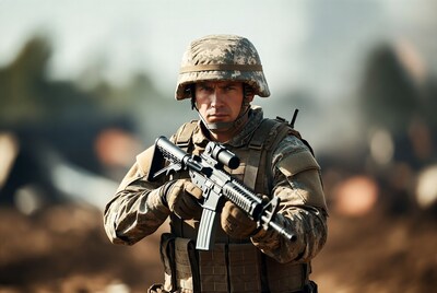Soldier aiming rifle in combat