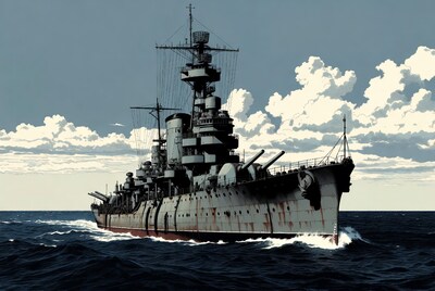 Battleship sailing on ocean waves
