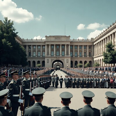 Military parade before grand neoclassical building