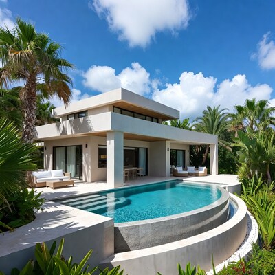 Modern white villa with pool and palms