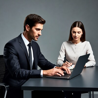 Businessman and woman working on laptop