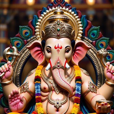 Colorful Ganesha Statue with Peacock Feathers