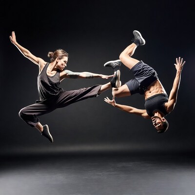 Dancers leaping in dynamic aerial pose
