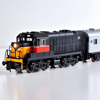 Black and yellow model train with silver car