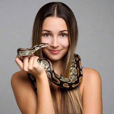 Woman holding ball python snake