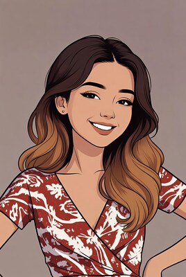 Smiling Asian woman in red dress illustration