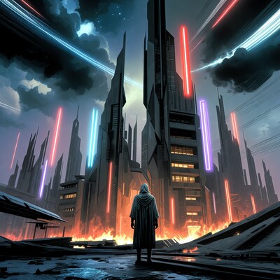 Hooded Figure in Neon Cyberpunk City
