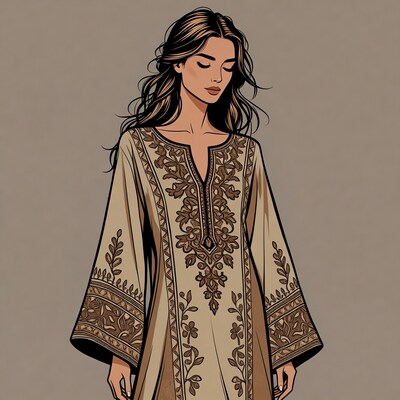 Woman in embroidered beige dress