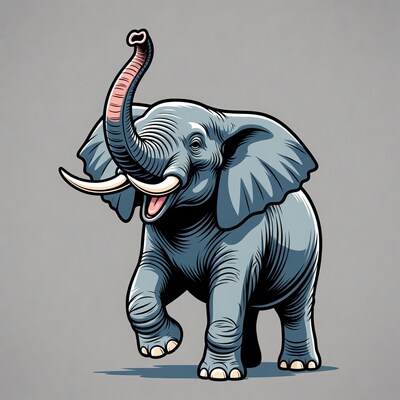 Cartoon elephant trumpeting on gray background