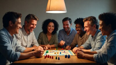 Diverse group playing Ludo board game