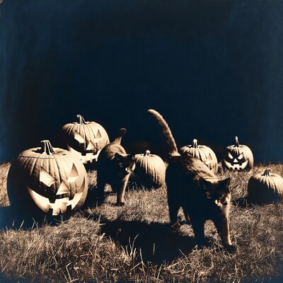 Black cats among jack o lanterns in grass
