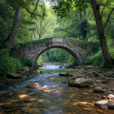Stone Arch Bridge over Forest Stream