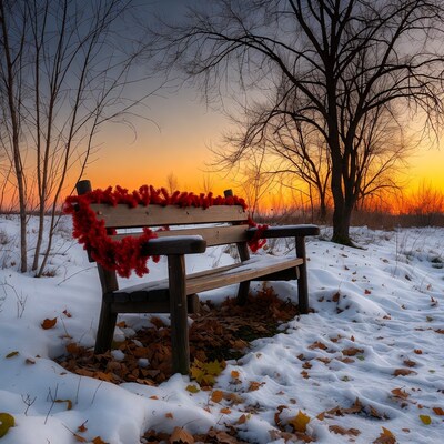 Snowy bench with red garland at sunset