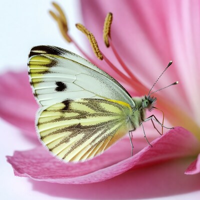 Butterfly on pink lily flower
