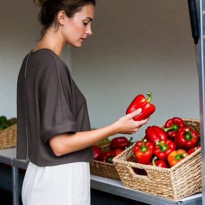 Woman picking red bell pepper