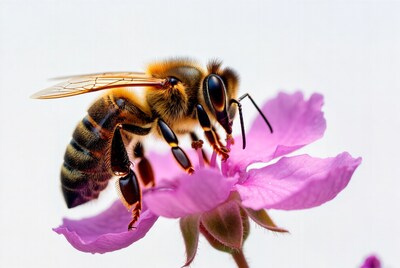 Honeybee pollinating pink flower