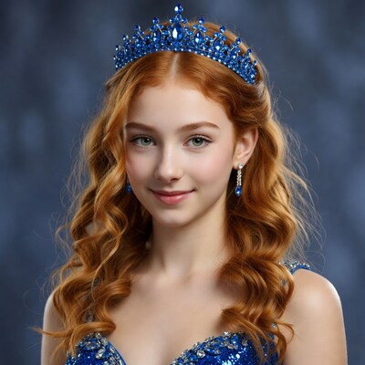 Girl with red hair wearing blue crown