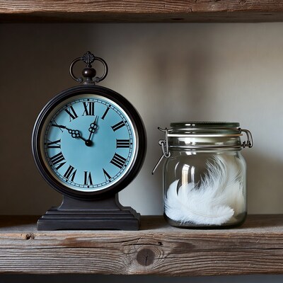 Blue Clock and Feathers in Jar