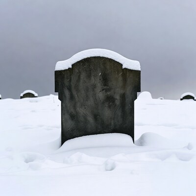 Snowy gravestone in winter cemetery