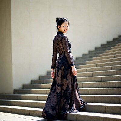 Asian woman in Ao Dai on stairs