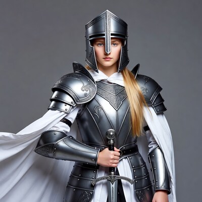 Blonde woman knight in armor with sword