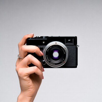 Woman holding black vintage camera