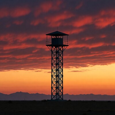 Watchtower silhouetted against sunset sky